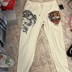 Ed Hardy Off-White Joggers with Bold Graphics